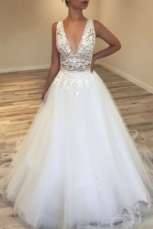 Deep V-Neck Tulle Bridal Gowns | Lace Appliques Sleeveless Wedding Dresses,MW305|musebridals.com