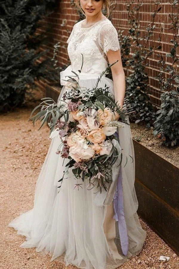 Short Sleeve Lace and Tulle Silver Country Wedding Dresses with Sash, MW308|musebridals.com