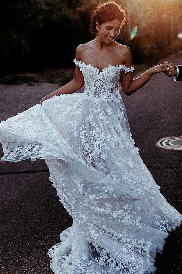 Off the Shoulder Lace Beach Wedding Dresses Rustic Boho Wedding Dress,MW317|musebridals.com