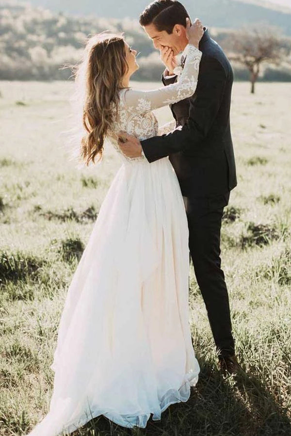 Chiffon A-Line Bateau Long Sleeves Wedding Dress with Appliques,MW320|musebridals.com