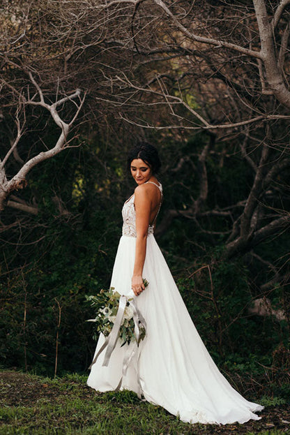 Roycebridal Spaghetti Strap Beaded Wedding Dress Ivory Chiffon Rustic Wedding Dress,MW328