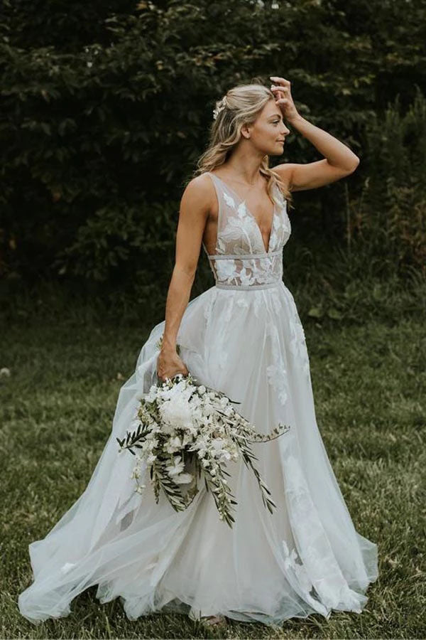 See Through Tulle V-neck Lace Ivory V-back Beach Wedding Dresses,MW329|musebridals.com