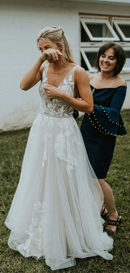 See Through Tulle V-neck Lace Ivory V-back Beach Wedding Dresses,MW329 | lace wedding dresses | cheap wedding dresses | wedding dresses stores | Musebridals.com