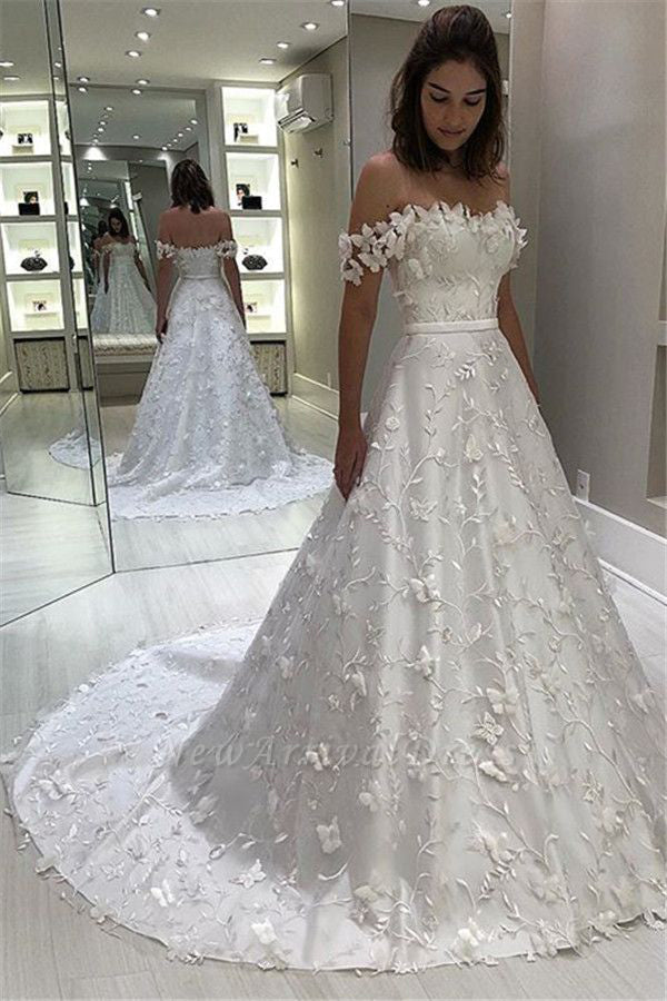 Roycebridal Cheap Off Shoulder A-line Long Wedding Dresses Lace Bridal Dresses,MW333