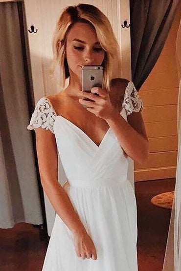 Musebridals.com offer Simple A-line Chiffon Wedding Dresses Cap Sleeve V-neck Bohemian Beach Bridal Gowns,MW335