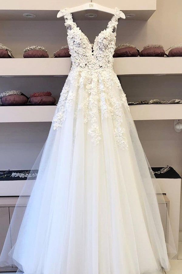 Roycebridal Cheap V-neck Long Wedding Dresses A-line Bridal Gowns with Appliques,MW339