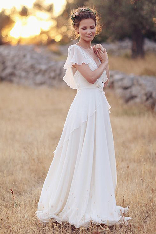 Elegant A-Line Ivory Flower Cap Sleeve V-Neck Chiffon Open Back Wedding Dresses,MW345|musebridals.com