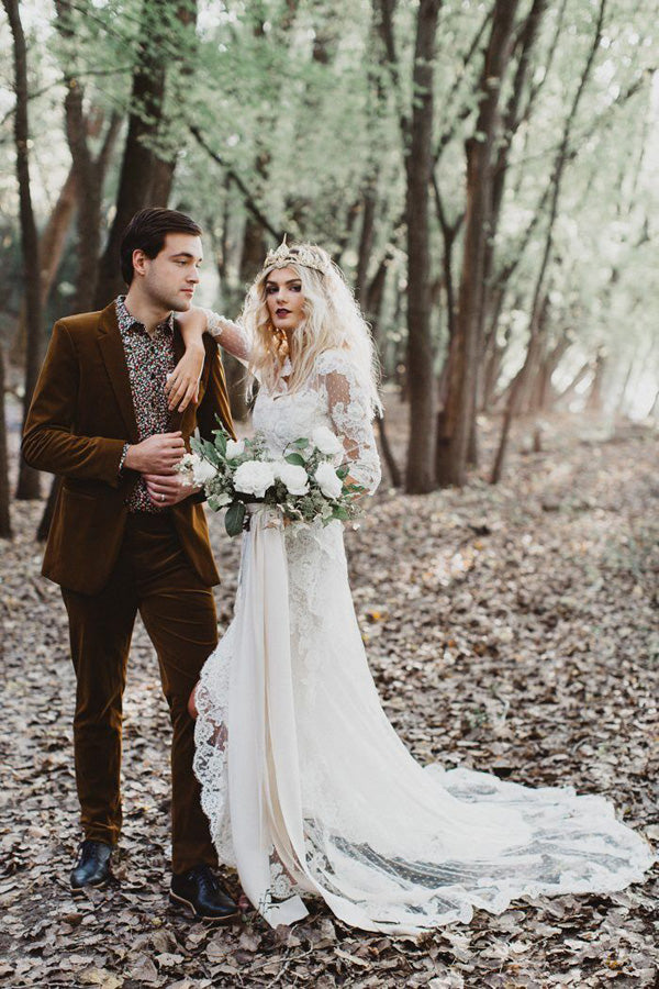 Mermaid Gown with Unlined Sleeves Wedding Dress Front Slit Ivory Lace Bridal dress,MW349|musebridals.com