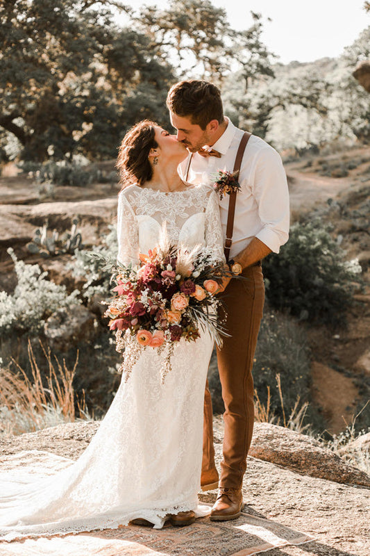 Illusion Neckline Ivory Lave Wedding Dress Long Sleeves Sheath Bridal Dress,MW350|musebridals.com