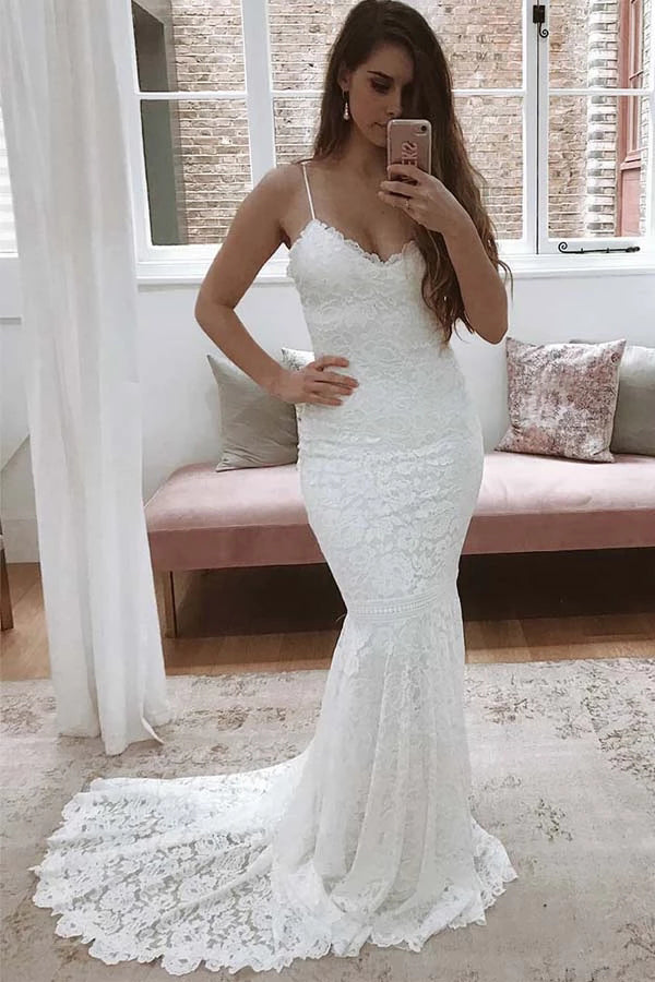 Spaghetti Straps Mermaid All Over Lace Sleeveless White Wedding Dress,MW354|musebridals.com