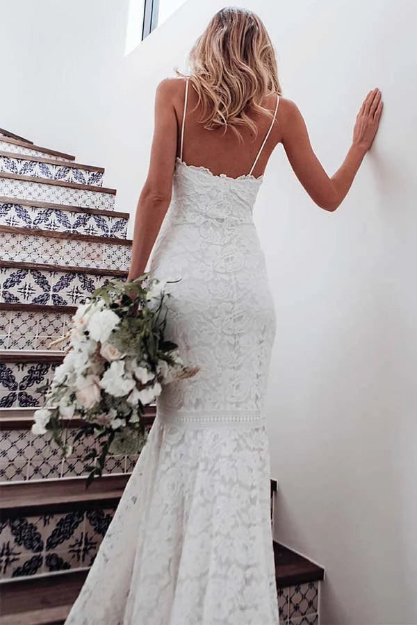 Musebridals.com offer Spaghetti Straps Mermaid All Over Lace Sleeveless White Wedding Dress,MW354