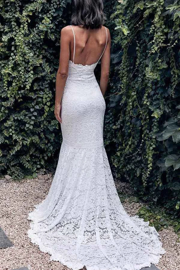 Roycebridal Spaghetti Straps Mermaid All Over Lace Sleeveless White Wedding Dress,MW354