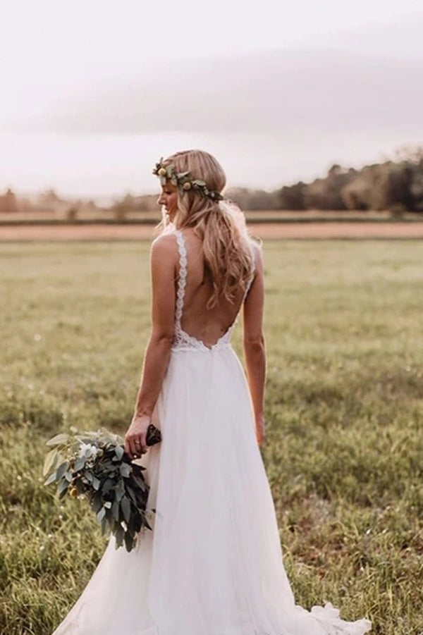 Roycebridal Lace Bodice Tulle Skirt Bridal Gown with a Low V Back Minimalist Wedding Dresses,MW360