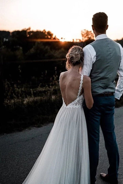 Roycebridal Lace Bodice Tulle Skirt Bridal Gown with a Low V Back Minimalist Wedding Dresses,MW360