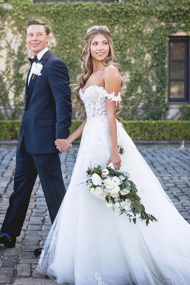 Lace Appliques Off The Shoulder Modest Tulle Princess Wedding Dress,MW363 | musebridals.com