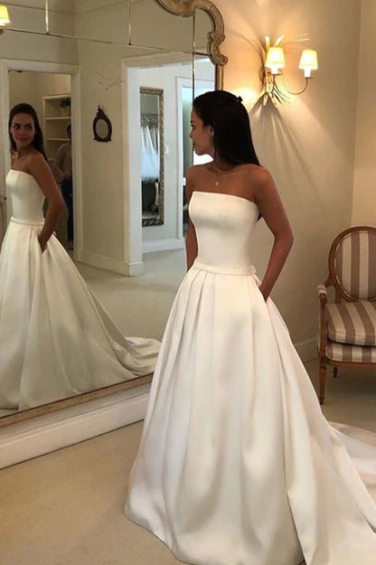 Straps Simple Ivory Satin A-line Pleated Wedding Dresses with Court Train Bridal Dresses,MW368