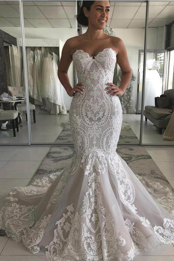 Gorgeous Wedding Dress with Drop Waist and Cascades Lace Mermaid with Court Train Bridal Dress,MW369