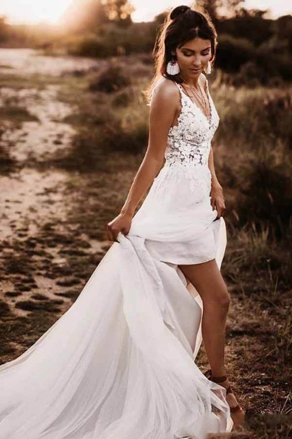 Gorgeous Lace Bodice V-neck Bridal Dresses White Backless A-line Wedding Dresses,MW370 | wedding dresses | bridal gowns | wedding party dresses | cheap wedding dresses | beach wedding dresses | lace wedding dresses | boho wedding dresses | musebridals.com