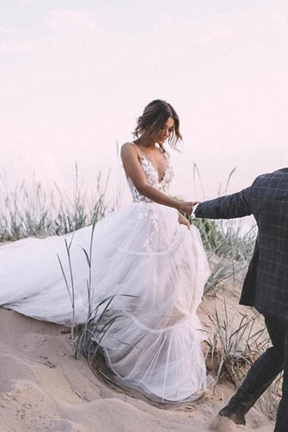 Layered Tulle Unlined Lace Wedding Ball Gown with Deep V-neck Wedding Dresses,MW371 | lace wedding dresses | beach wedding dresses | wedding dresses | wedding gowns | bridal gowns | www.musebridals.com