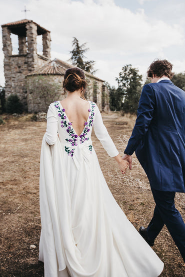 Simple Cornflower A-line Ivory Satin Embroidery Long Sleeves Wedding Dresses,MW373 | musebridals.com