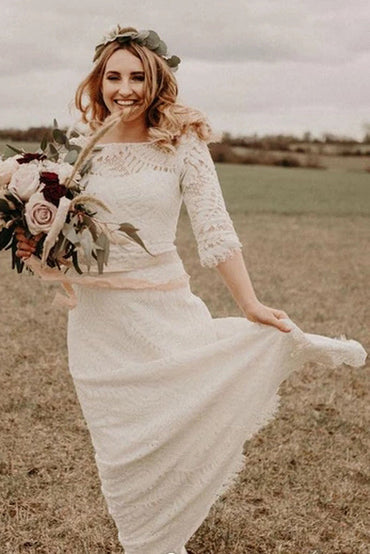 Ivory A-line Lace Bateau Neck 3/4 Sleeves Bridal Dresses Floor-length Wedding Dresses,MW374 | musebridals.com