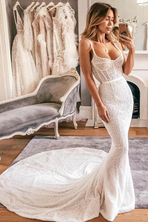 Boho Mermaid Scoop Neck Open Back Ivory Lace Wedding Dresses with Train, Vintage Wedding Dresses,MW382