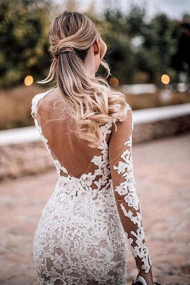 Lace Appliques See Though Mermaid Rustic Wedding With Sleeves,MW388 | musebridals.com