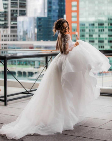 A-Line Scoop Long Sleeve Pearl Princess Wedding Dress With Backless,MW389 | musebridals.com