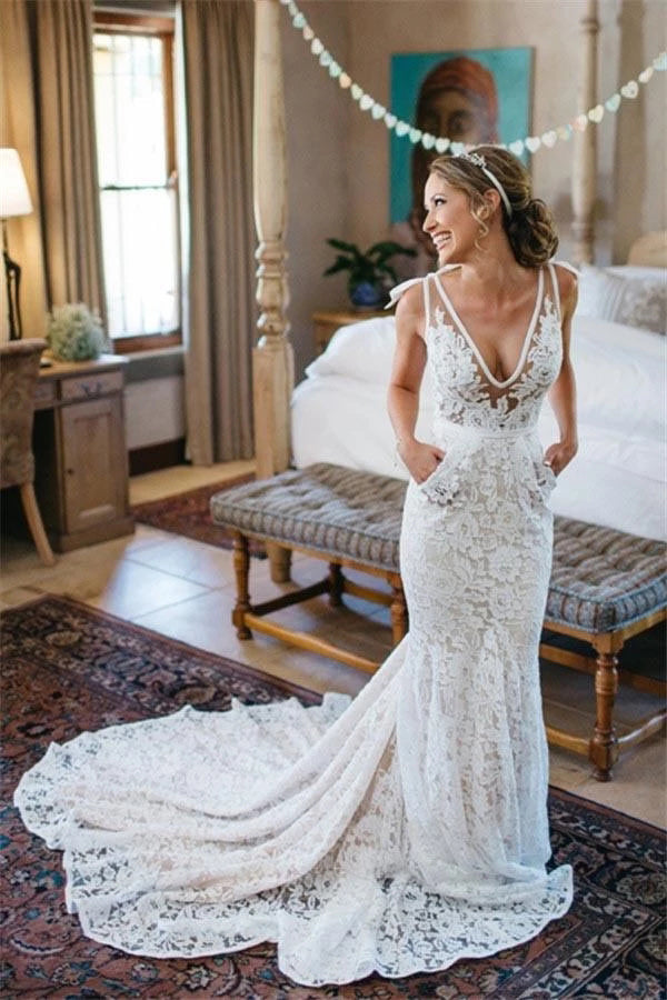 V-neck Sleeveless Mermaid Backless Lace Pocket Wedding Dress With Court Train,MW398