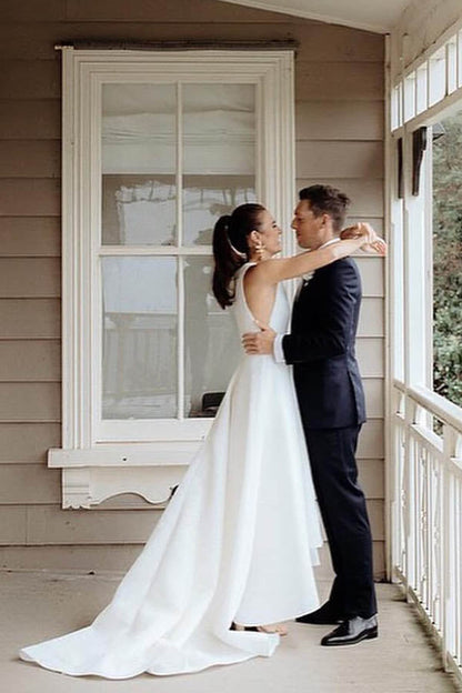 Elegant Round Neck Satin Long Wedding Dresses with Pockets,Simple Wedding Gown,MW401 | musebridals.com