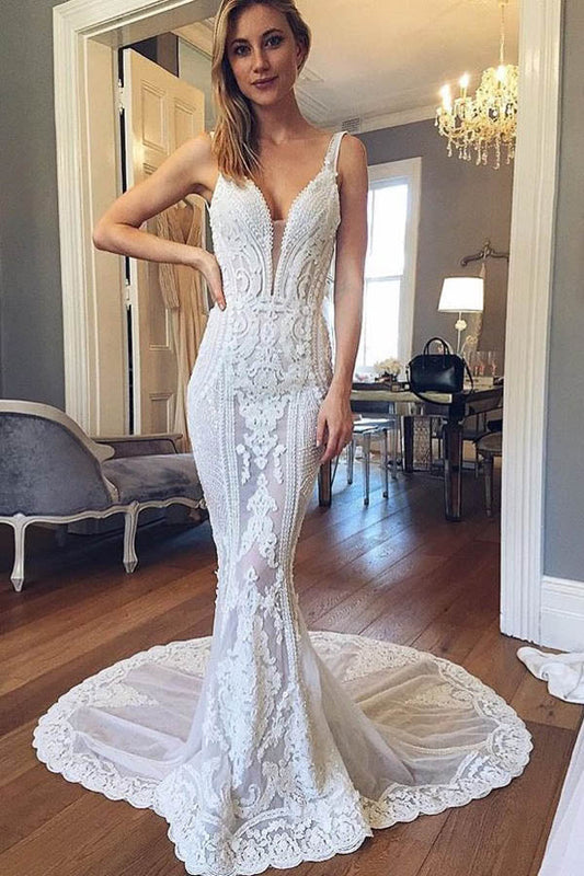 Mermaid V-neck Open Back Lace Wedding Dresses with Train, Gorgeous Wedding Dresses,MW402