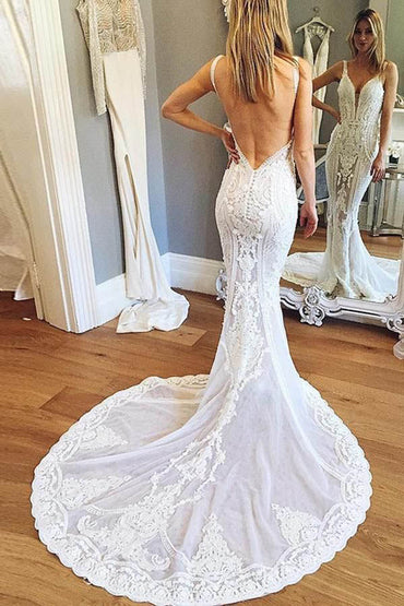 Mermaid V-neck Open Back Lace Wedding Dresses with Train, Gorgeous Wedding Dresses,MW402 | musebridals.com