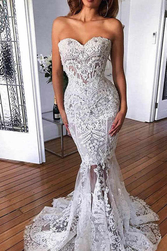 Elegant Lace Mermaid Open Back Beaded Long Wedding Dresses with Appliques,MW403