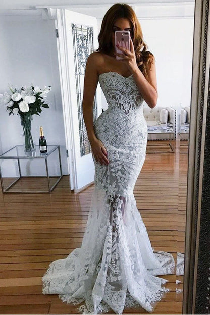 Elegant Lace Mermaid Open Back Beaded Long Wedding Dresses with Appliques,MW403 | musebridals.com