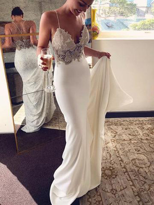 Mermaid V-neck Spaghetti Straps Soft Satin Lace Wedding Dresses,Beach Wedding Dresses,MW404 | musebridals.com