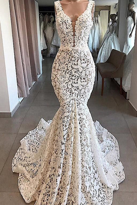 Vintage Mermaid V-neck Open Back Ivory Lace Wedding Dresses, Elegant Wedding Gown,MW405