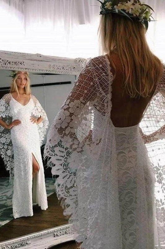 Batwing Sleeve Lace Rustic Wedding Dresses Ivory Sheath Boho Wedding Dresses,MW407