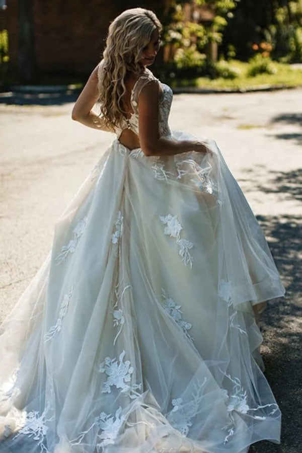 Floral Applique Beach Wedding Dresses Backless Boho Wedding Gown,MW408 | wedding dresses | bridal gowns | wedding gowns | wedding 2020 | lace wedding dresses | white wedding dresses | Ivory   wedding dresses | mermaid wedding dresses | wedding dresses cheap | wedding party dresses | boho wedding dresses | simple wedding   dresses | wedding dresses near me | wedding ideas | beach wedding dresses | wedding dresses online | Musebridals