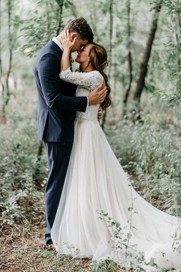 A-line V-neck Open Back Half Sleeves Long Wedding Dresses, Fairy Wedding Dresses,MW409 | musebridals.com