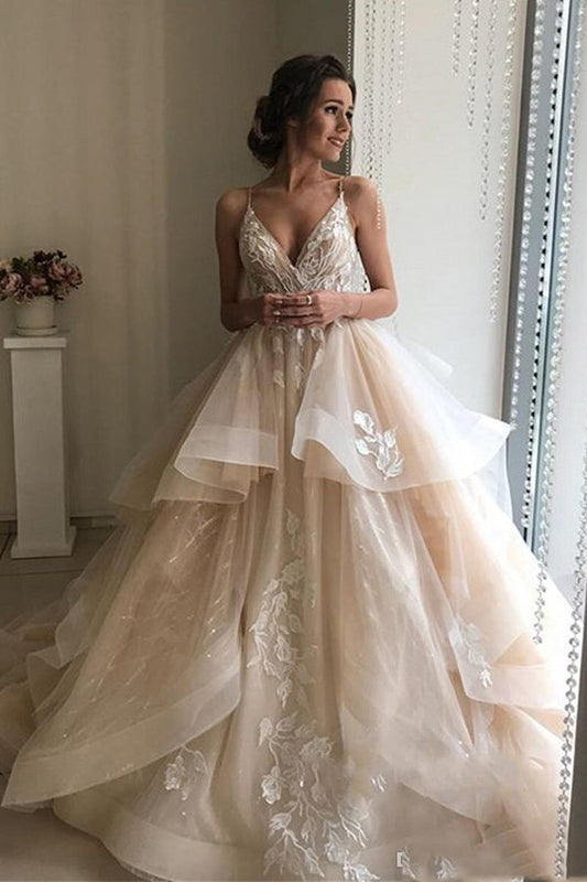 Elegant V-neck Spaghetti Straps Ruffled Tulle Lace Long Wedding Dresses,MW413