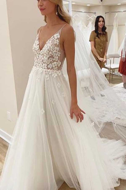 Ivory Flowers Wedding Dress with Unlined Bodice and V-neck Neckline,MW417