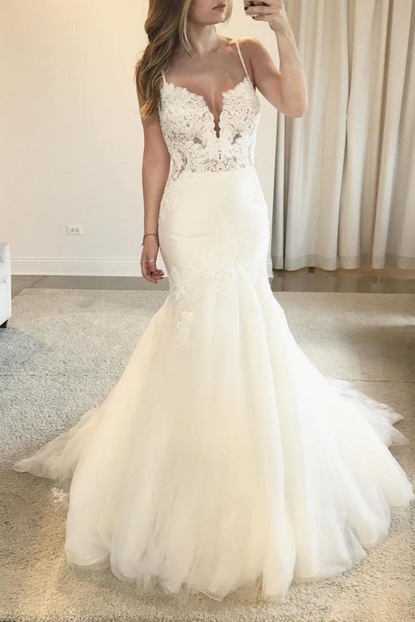 Charming Mermaid V-neck Open Back Spaghetti Straps Lace Wedding Dresses with Train,MW421