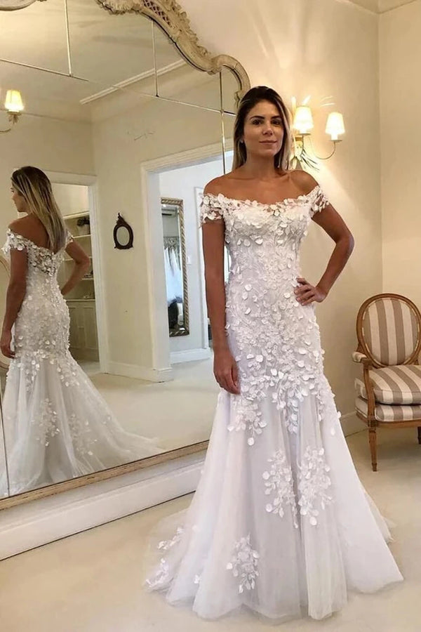 Roycebridal Off Shoulder Lace Mermaid Long Wedding Dresses Online,Cheap Bridal Dresses,MW424