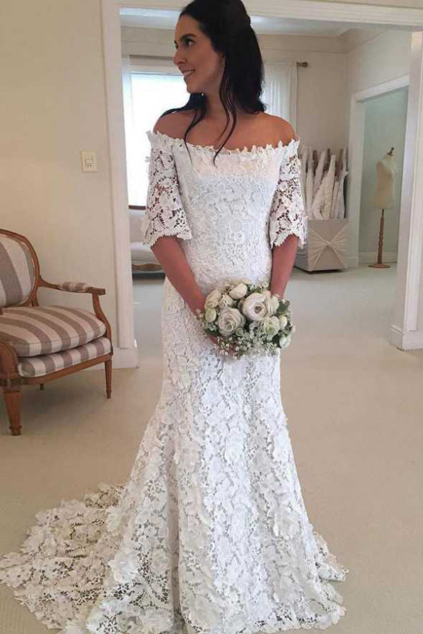 Roycebridal Off Shoulder Lace Short Sleeves Cheap Wedding Dresses Online,Cheap Bridal Dresses,MW425