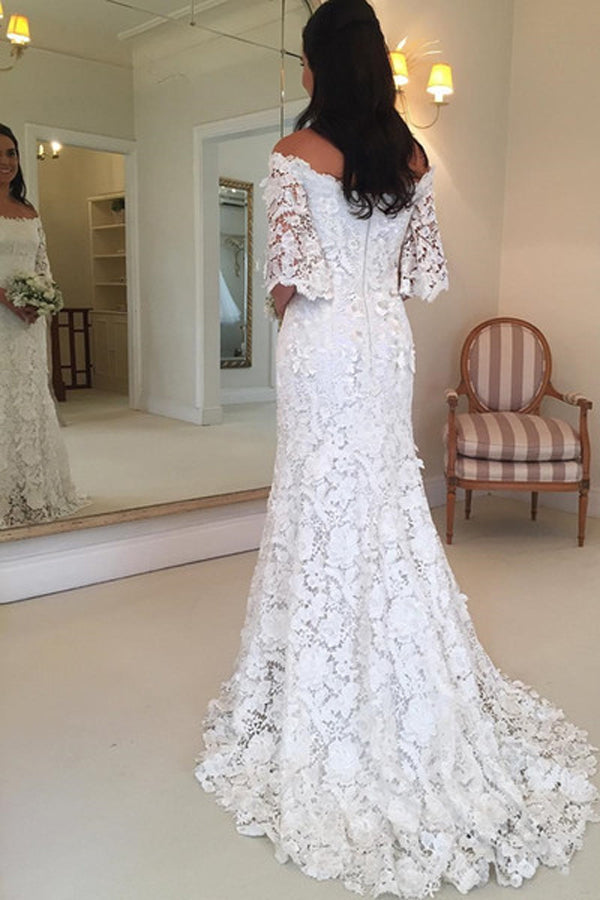 Roycebridal Off Shoulder Lace Short Sleeves Cheap Wedding Dresses Online,Cheap Bridal Dresses,MW425