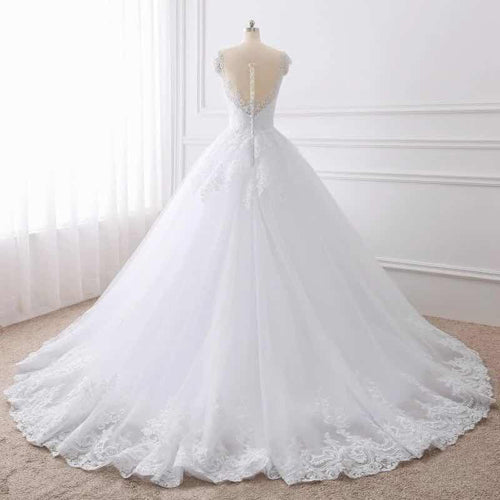 Roycebridal Cap Sleeves White Scoop Lace Wedding Dresses Online, Cheap Bridal Dresses,MW427