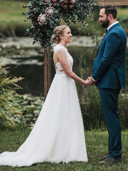 A-Line Jewel Sweep Train White Tulle Wedding Dress With Appliques,MW428 | musebridals.com