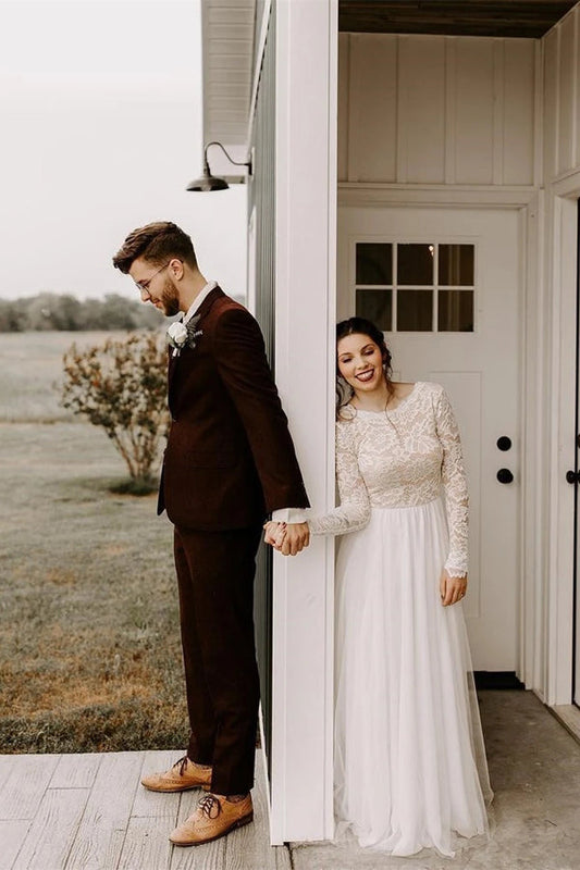 Boho A-Line Round Neck Long Sleeves Backless Wedding Dress with Lace,MW431