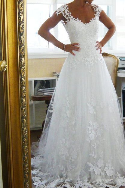 Simple Wedding Dresses V-neck A-line Brush Train White Lace Bridal Gown,MW433