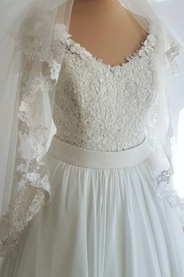 Long Sleeve Wedding Dresses A-line Floor-length Ruffles Chiffon Lace Bridal Gown,MW434